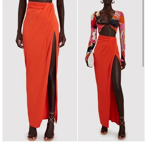 Ronny Kobo Blythe Draped Ruched High Rise High Slit Maxi Skirt Tangerine Small - Picture 1 of 5